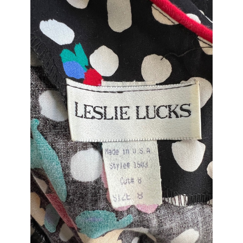 Leslie Lucks Vintage Dress Women 8 Black Floral Polka Dot Excellent Cottagecore - Picture 6 of 10